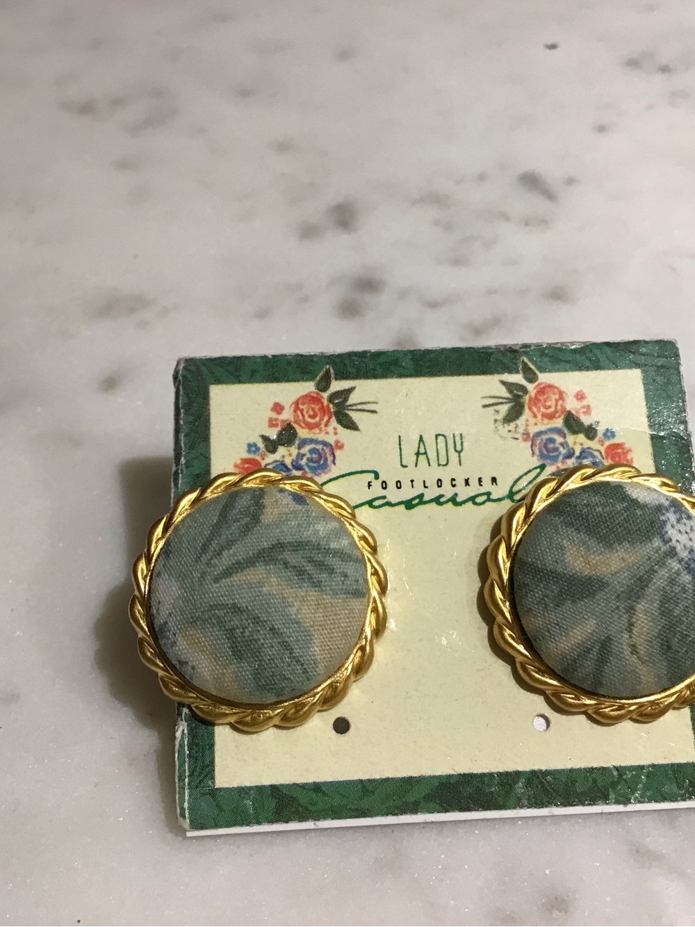 Vintage earrings Two pair Fabric Button Earrings with Gold Trim